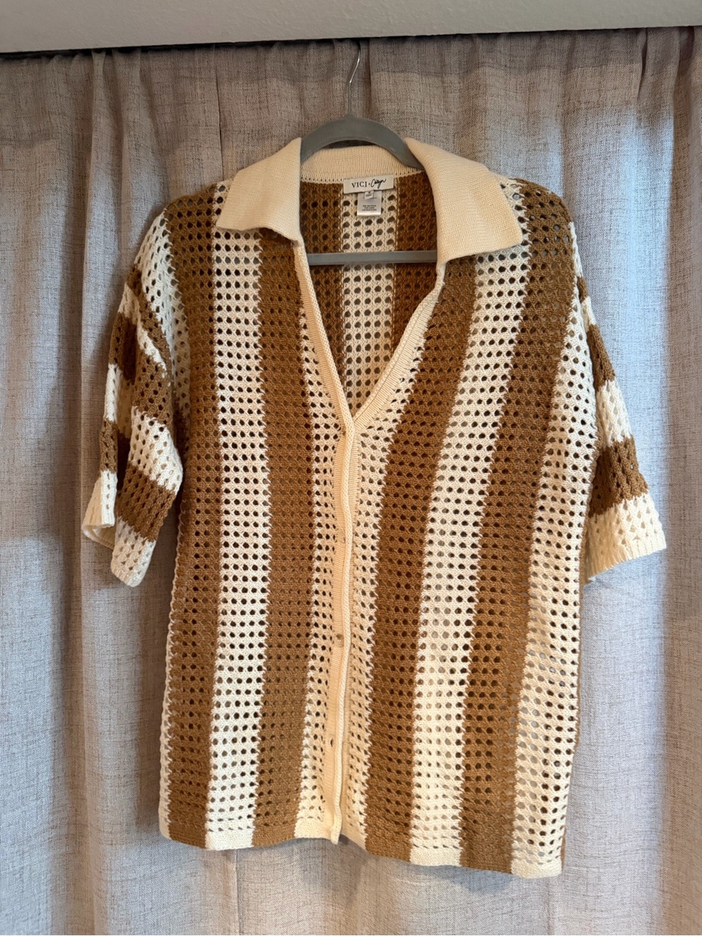 VICI Men’s Open-Knit Polo Shirt in Cream & Brown Stripes